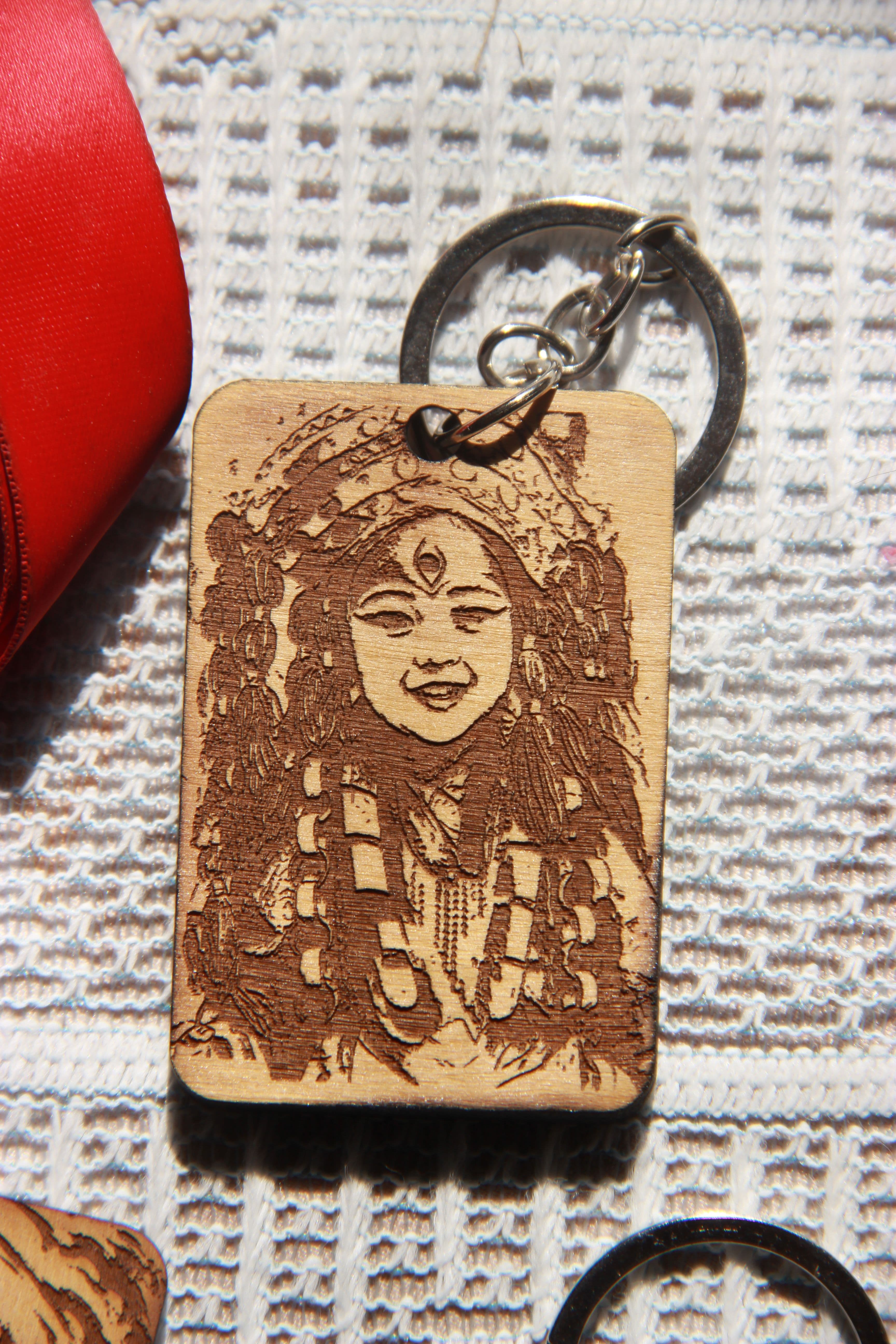 Handcrafted Kumari Keyring 2 in engraved wood finish