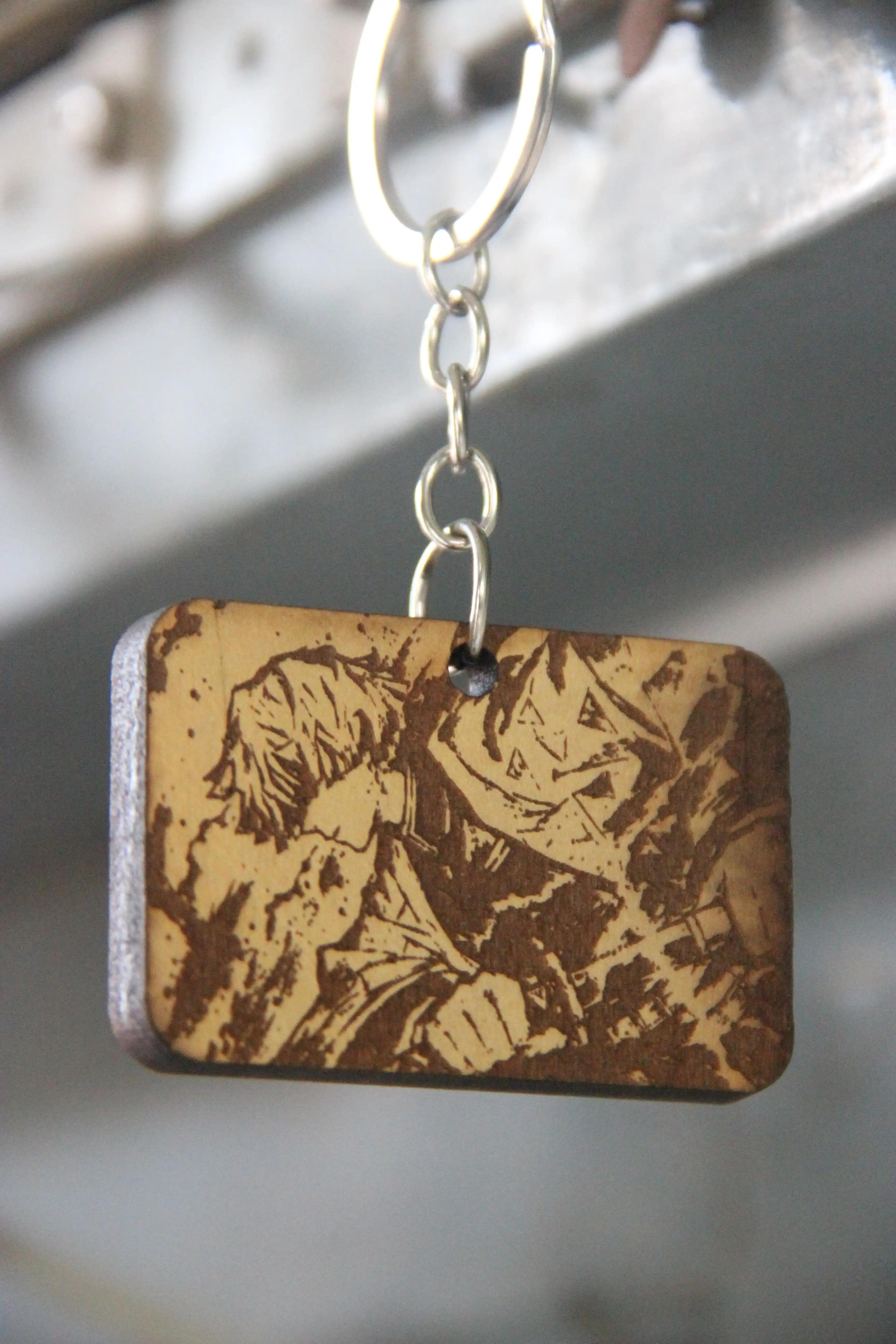 Handcrafted Zenitsu Agatsuma Keyring in engraved wood finish
