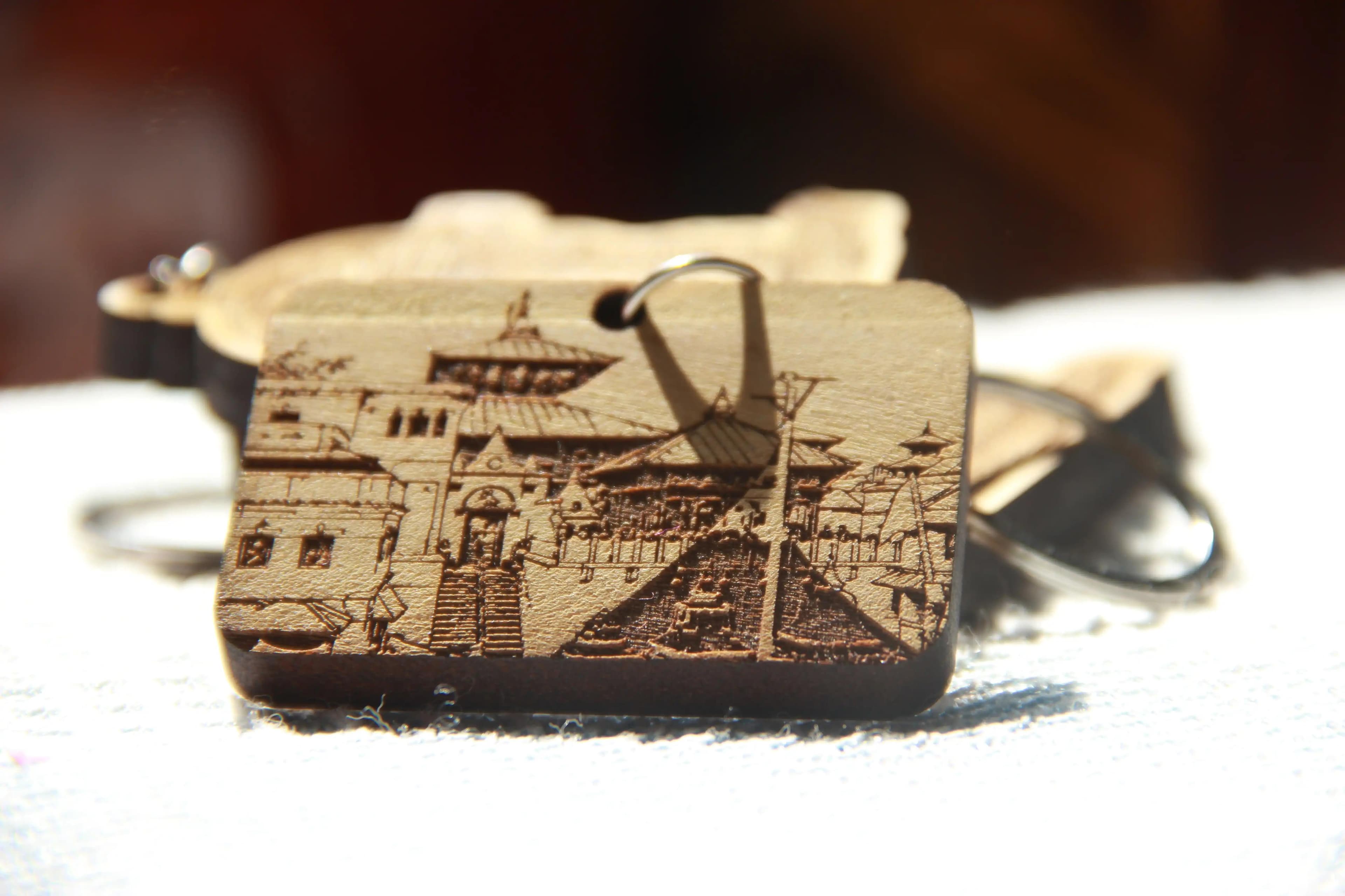 Handcrafted Pashupatinath Keyring in engraved wood finish
